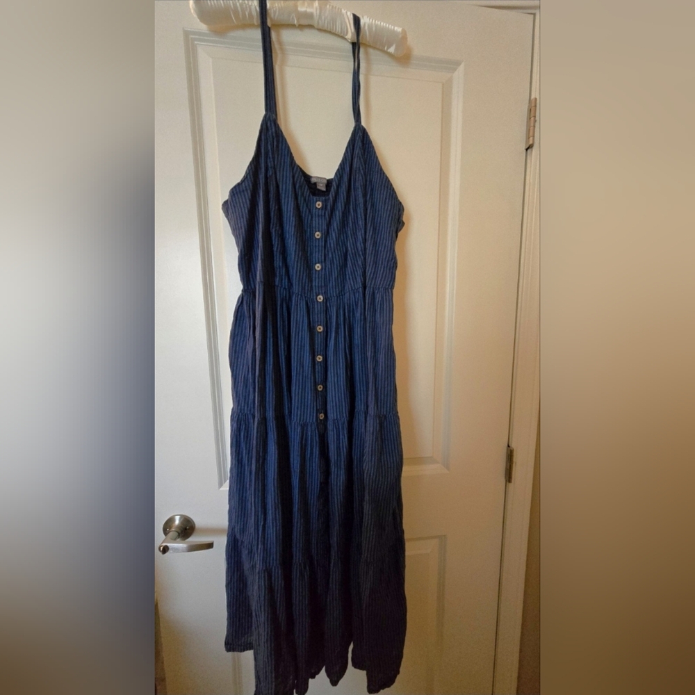 Women's plus size maxi length dress blue striped button down 2x